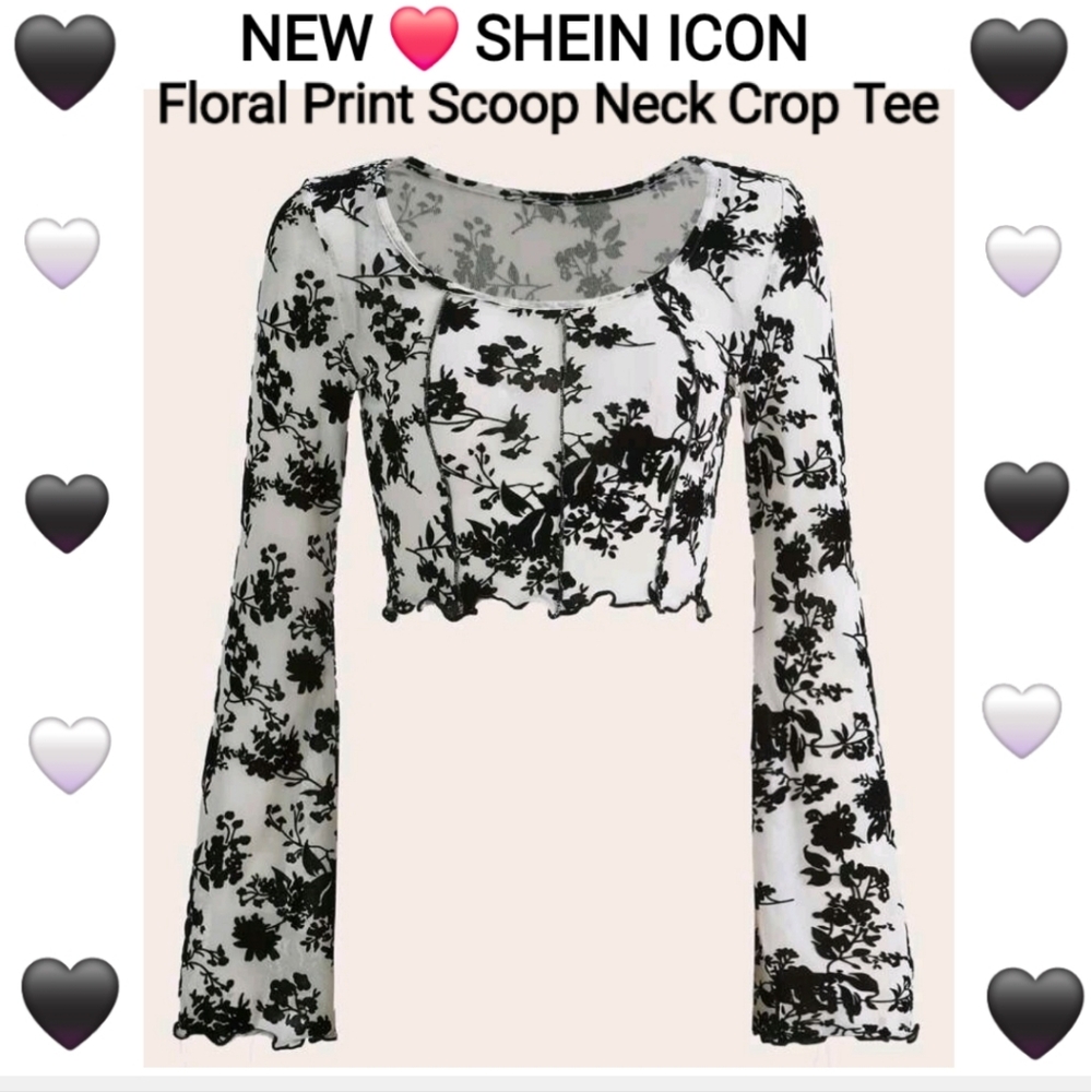 SHEIN Icon Black Floral Print Scoop Neck Crop Tee
